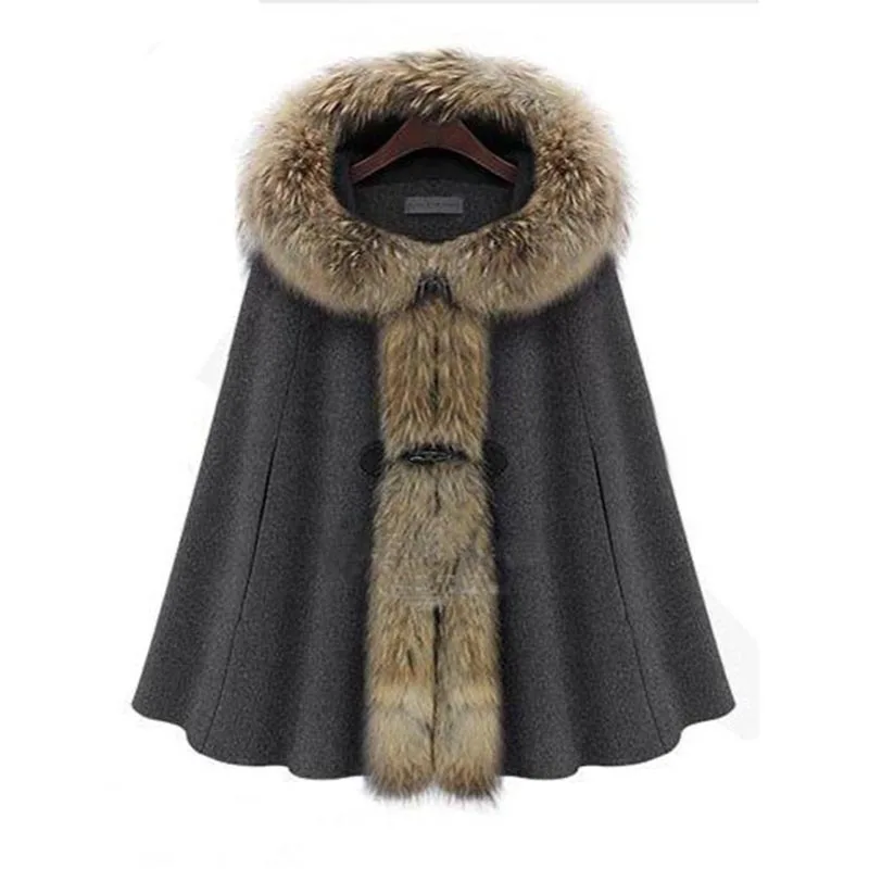 Women Casual Cape Coat Hooded Wool Dark Gray Brown Cloak