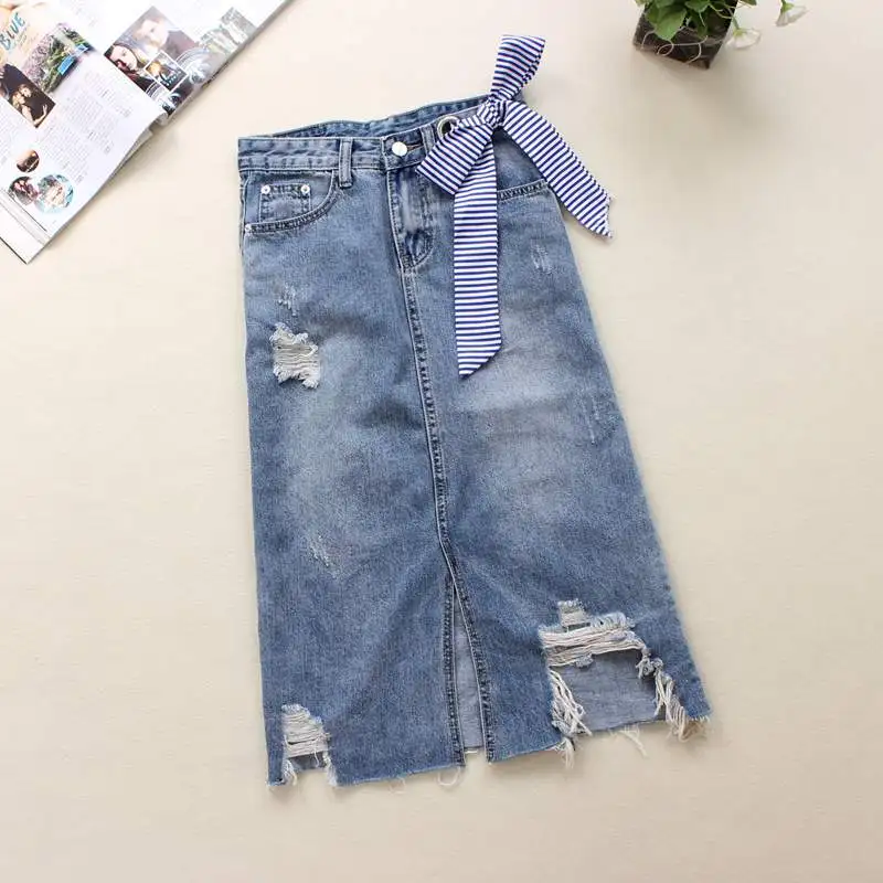 Лето 2019 г. светло-голубой женские джинсовые юбки лук отбеленные отверстия A-Link юбки 100% хлопок Высокая талия до середины икры джинсовые юбки
