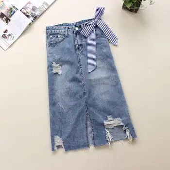 

2020 Summer Light Blue Jeans Skirts Womens Bow Bleached Hole A-Link Skirts 100% Cotton High Waist Mid-Calf Denim Skirts 1089