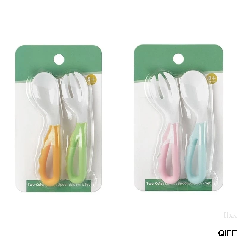 

Baby Pacifier Feeding Spoon Fork Curved Anti Slip Handle Children Eating Training Tableware Accessory Hxx