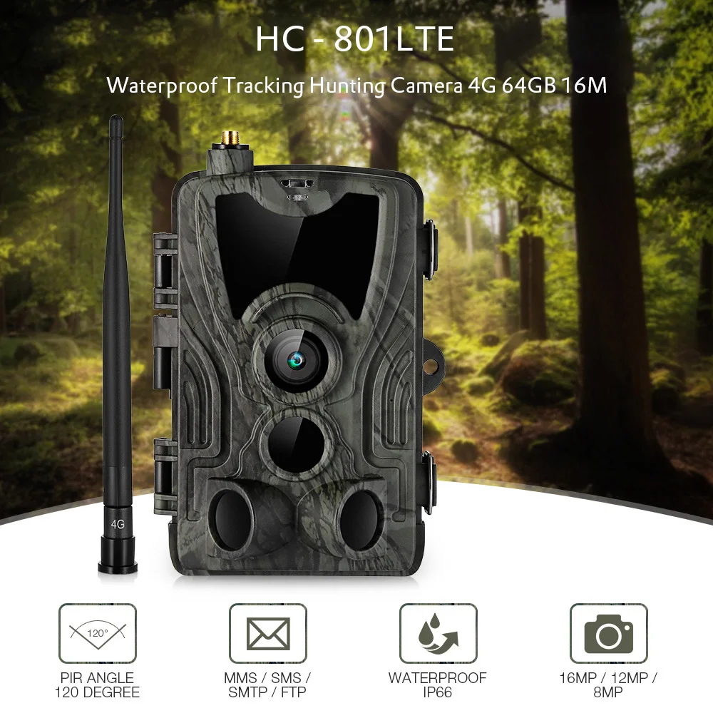 

HC - 801LTE IP66 Waterproof Hunting Camera 4G 64GB 16MP HD 1080P PIR Sensors Night Vision Wildlife Hunting Trail Cameras