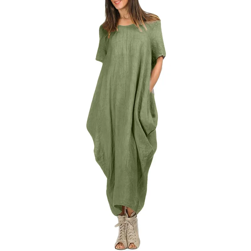 Повседневное свободное Макси платье женское с круглым вырезом и коротким рукавом, с карманом, летнее, 5XL, платья больших размеров, асимметричное, мешковатий безрозмерный - Цвет: Армейский зеленый