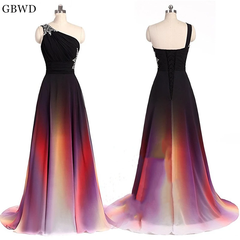 

Customized Bridesmaid Dresses Long 2019 A Line One-shoulder Chiffon Simple Bride Gradient Color Beaded Prom Dresses
