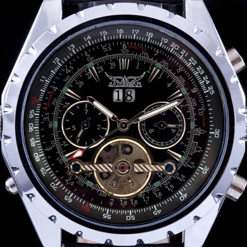 Топ бренд Jaragar роскошный кожаный ремешок Авто наручные часы с отметкой даты Мужские автоматические самоветер турбийон механические часы со скелетом