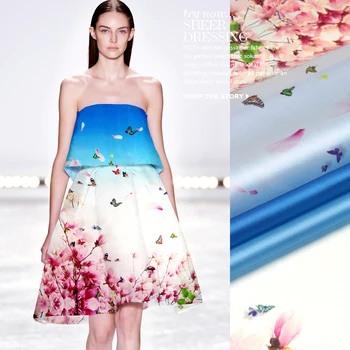 

135cm wide 14mm small pink flower print white blue silk organza fabric for dress shirt clothes pants