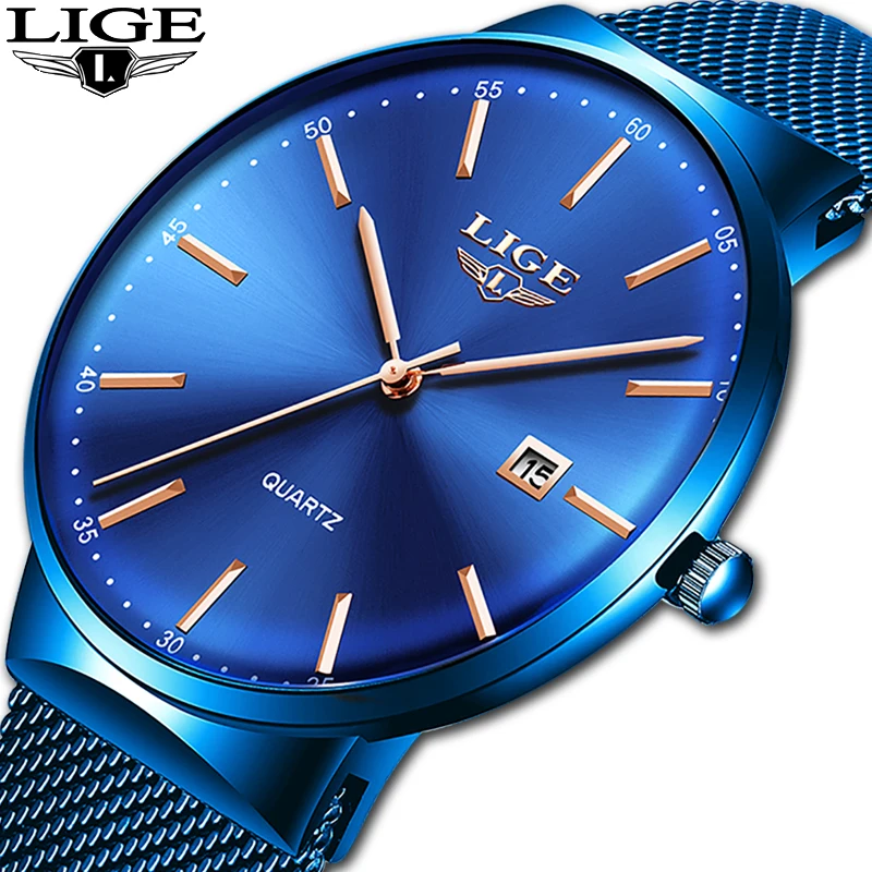 LIGE Men's Watches New Luxury Watch Men Fashion Sports Quartz Watch Stainless Steel Mesh Strap Ultra Thin Dial Date Blue Clock