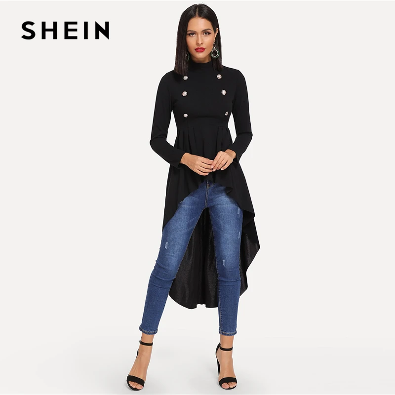 SHEIN Стильный Топ С Асимметричным Низом Черная Модная Блузка Со Стоячим Воротником И Длинными Рукавами