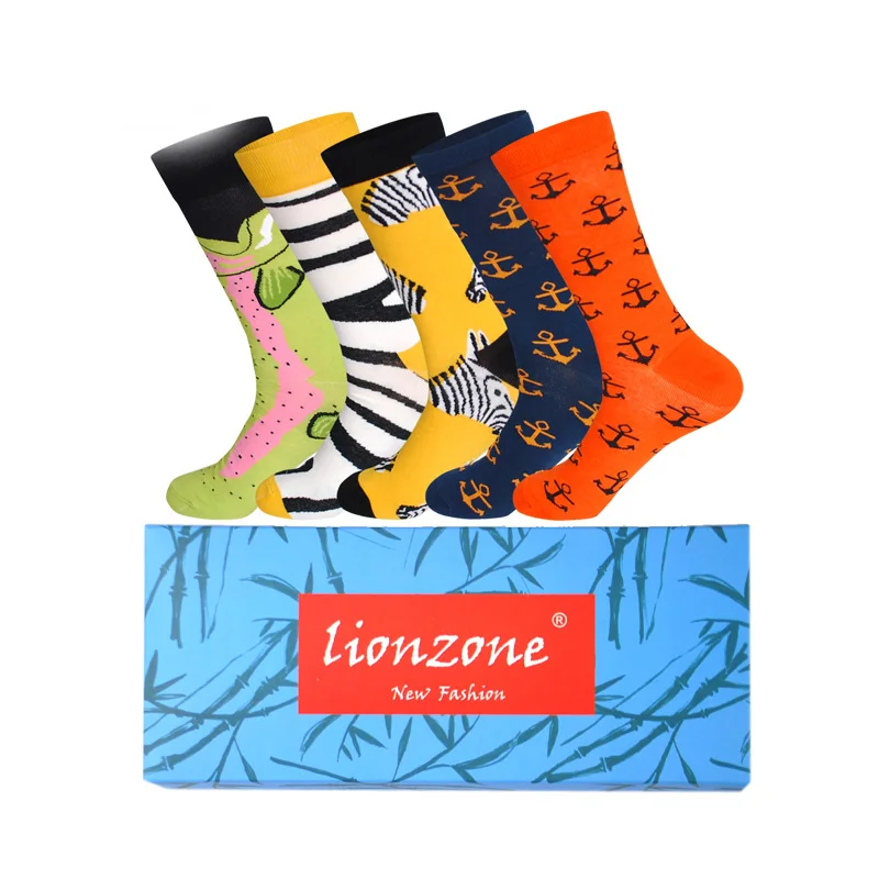 LIONZONE 5 пар/лот мужские носки из чесаного хлопка размера плюс Coolmax с разноцветным рисунком бизнес забавные Счастливое Платье Свадебные Мужские носки - Цвет: Mix4-Gift box