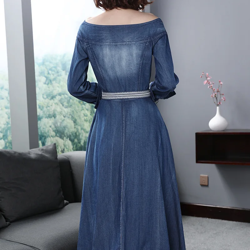 Элегантное женское джинсовое платье винтажное однобортное Синее джинсовое платье длиной до щиколотки женское джинсовое платье с длинным рукавом