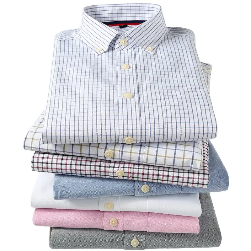 Модные Оксфордские мужские клетчатые/Полосатые/одноцветные Простые повседневные рубашки с длинным рукавом и отложным воротником, не железные мужские топы для отдыха