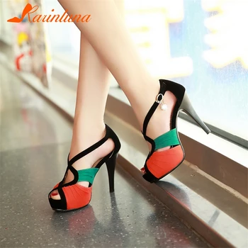

KARINLUNA Brand New 2019 Thin High Heels Shoes Flock Buckle Strap Platform Shoes Woman Casual Party Sexy Summer Sandals
