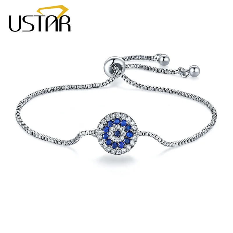 

USTAR Crystals Round Charm Bracelets for women Micro Paved Cubic Zirconia Silver color adjustable chain Bangle Bracelet femme