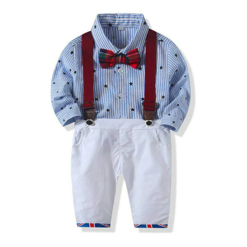 

Kimocat Boys Gentleman Five-Pointed Star Jumpsuit Shirt + Strap Casual Pants Two-Piece Suit