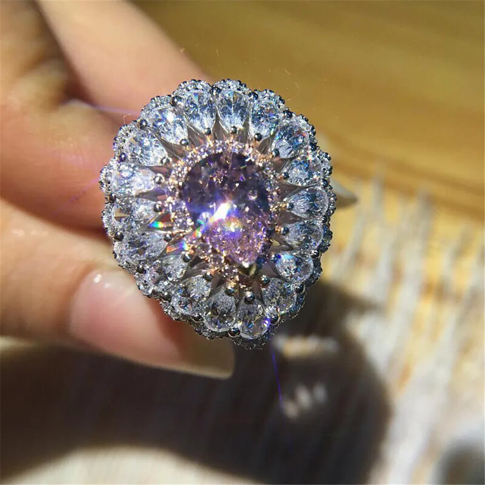

Pink Stone Rings for Women Wedding Large Silver Ladies Accessories Ring Crystal Ring Luxury Jewelry Bague Femme Anillos O2C186