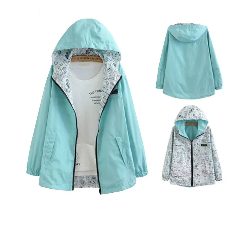 

Women Two Side Wear Windbreaker Jackets Spring Autumn Hooded Zipper Loose Cartoon Print Outwear Female Coat RE2277