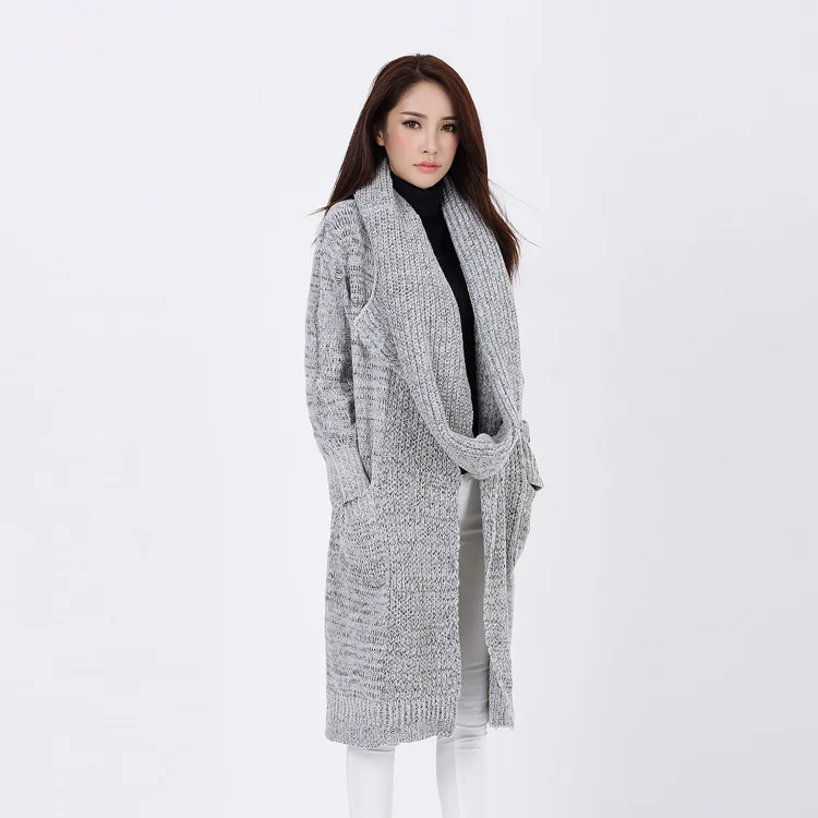 Mode bleu Col Femmes Chandails vêtements Trench Lâche Écharpe Femme Long Cardigans Tricot Chic 2016 Manteau noir Épais Avec Automne Beige Casual pRZqnOPf