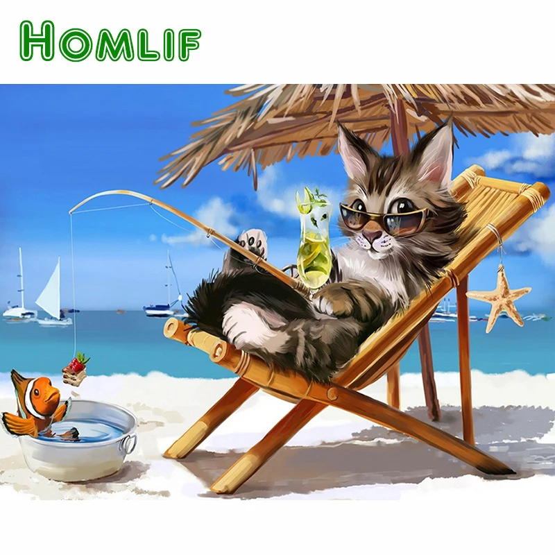 HOMLIF Алмазная вышивка с животными кошка морская Пляжная рыбалка 5D сделай сам
