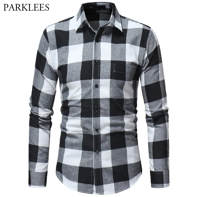 Mens Flannel Plaid Shirts Classic White And Black Cotton Checked Dress ...