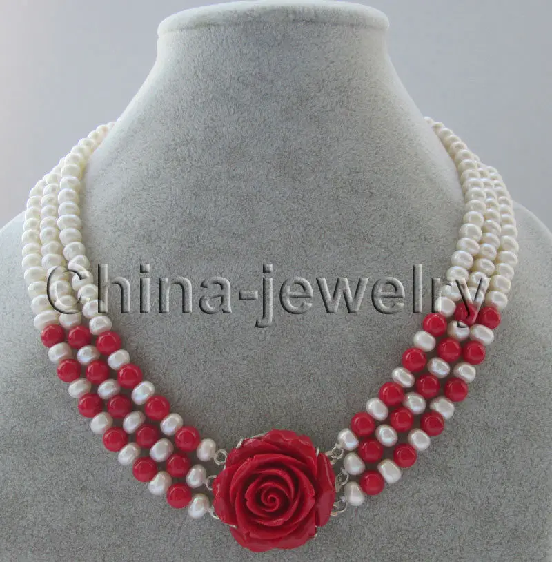 

FREE SHIPPING HOT sell new Style >>>>17-19 " 3row 7-8mm natural white freshwater pearl & red coral necklace - flower