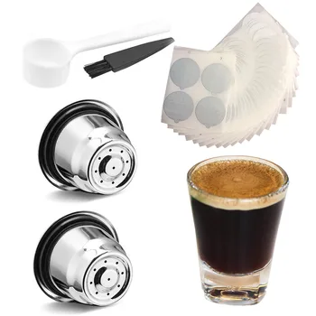 Behogar 2PC Refillable Stainless Steel Capsule Cup Filter Spoon Brush+100PCS Disposable Foil Papers for Nespresso Coffee Machine