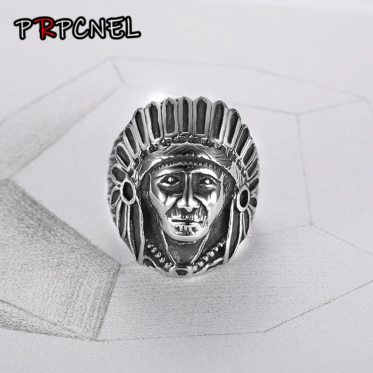 

1pc Newest Design Size 7-14 Cool Indian People Ring Silver color 316L Stainless Steel Men Boys Band Party Ring