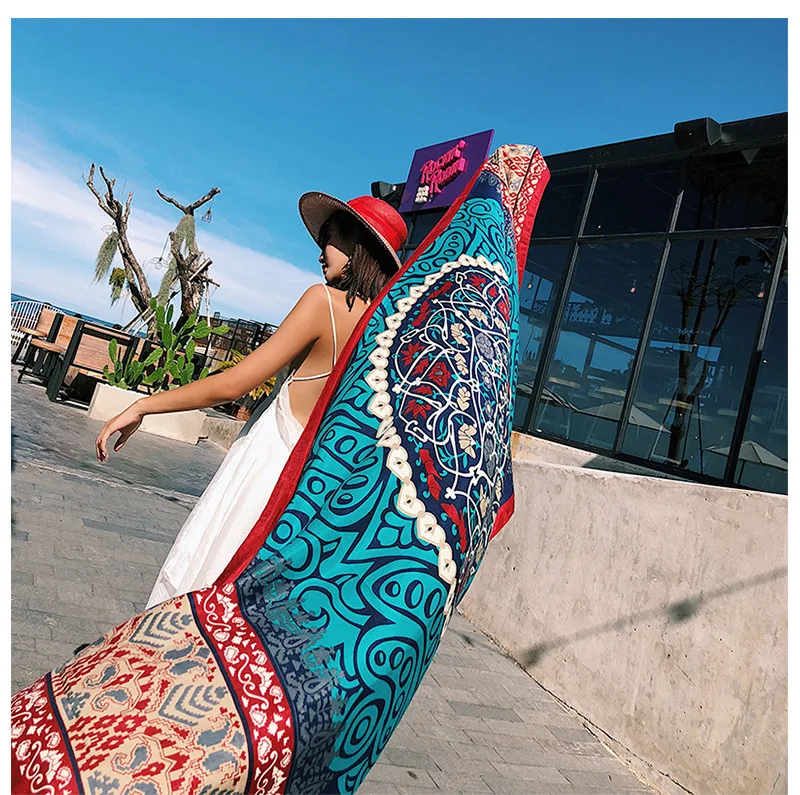 Модный летний хлопковый шарф с этническим принтом для женщин, длинные мягкие накидки и шали с кисточками, пляжный хиджаб, большой размер, женский платок