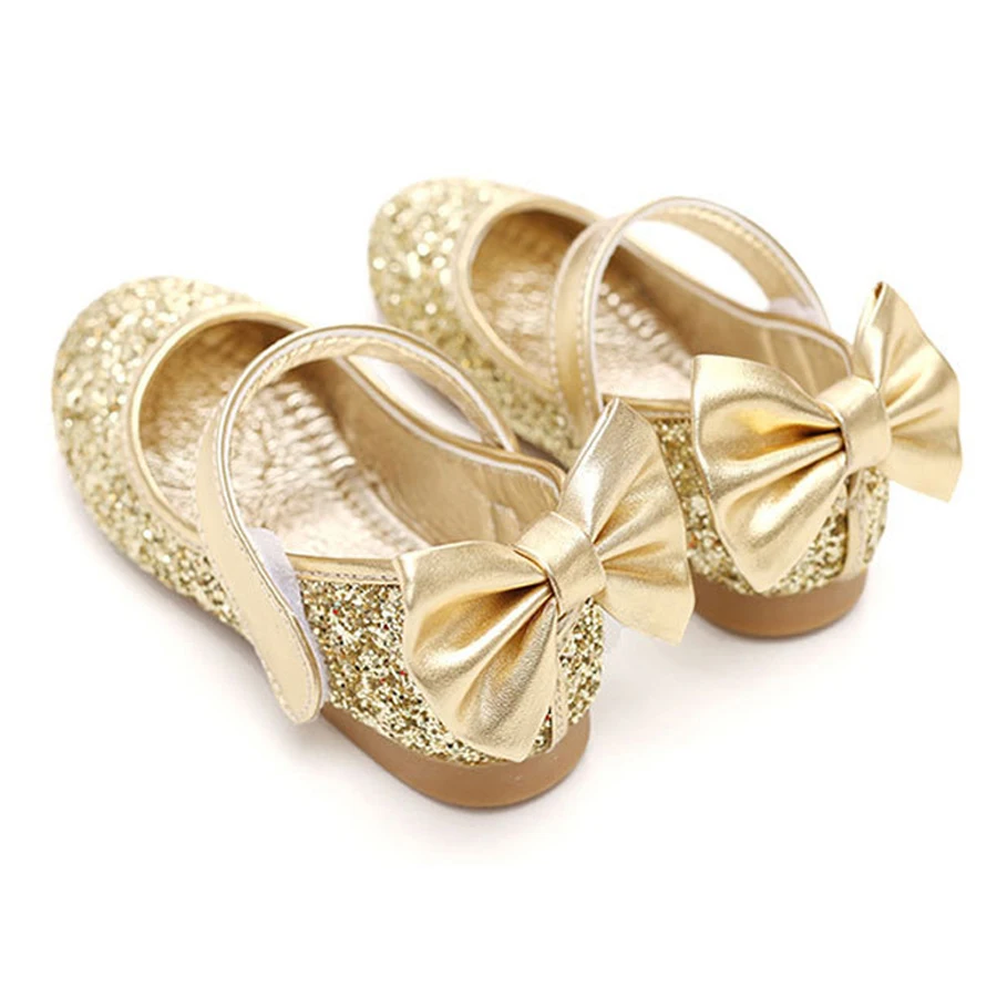 IYEAL/детская обувь из искусственной кожи; блестящая золотистая обувь для маленьких девочек с бантом; вечерние туфли принцессы с серебряными цветами; мягкая обувь на плоской подошве для малышей