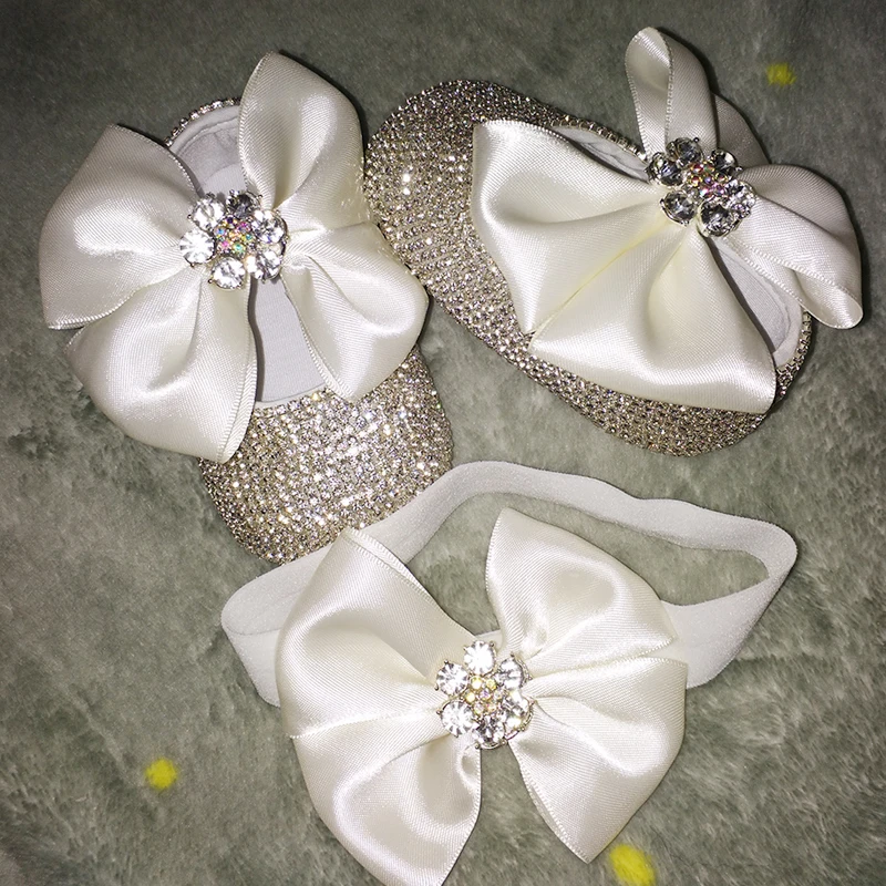 

bowknot Custom Sparkle Bling crystals Rhinestones Baby girls shoes infant 0-1Y ribbon Princess shoes First Walkers hairband