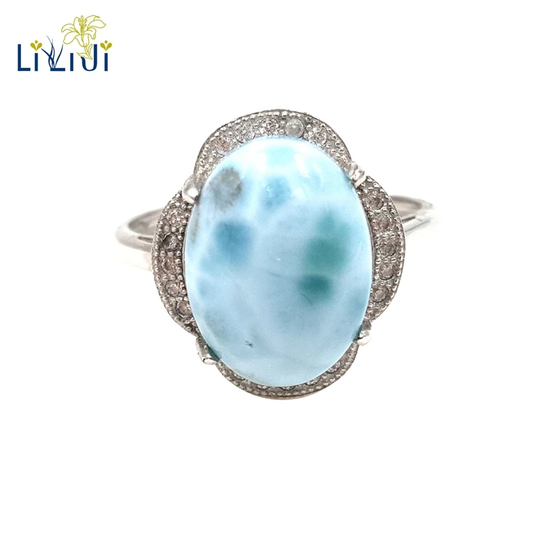 LiiJi Gemstone Natural Caribbean Blue Larimar 925 Sterling Silver Oval Shape Vintage Zircon Ring Resizable Both Men And Wome LiiJi Gemstone Natural Caribbean Blue Larimar 925 Sterling Silver Oval Shape Vintage Zircon Ring Resizable Both Men And Wome