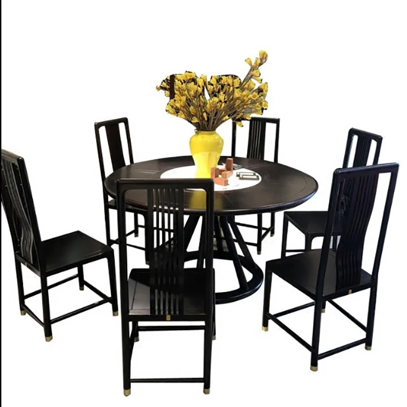 

New Chinese Style Turntable Dining Table Solid Wood Round Table With Chair Combination Modern Minimalist Furniture Custom