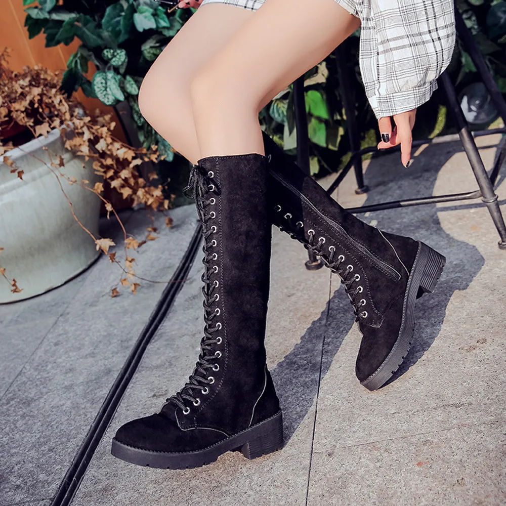 

Women Winter Boots Long Tube Suede Boot Stylish Riding Equestrian High Heel Knee-High Shoes Lace Up Warm Fur Party Botas Mujer