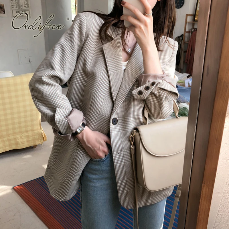 Ordifree осень 2019 г. для женщин клетчатый Блейзер повседневное пальто для будущих мам пиджак элегантные женские офисные блейзер feminino