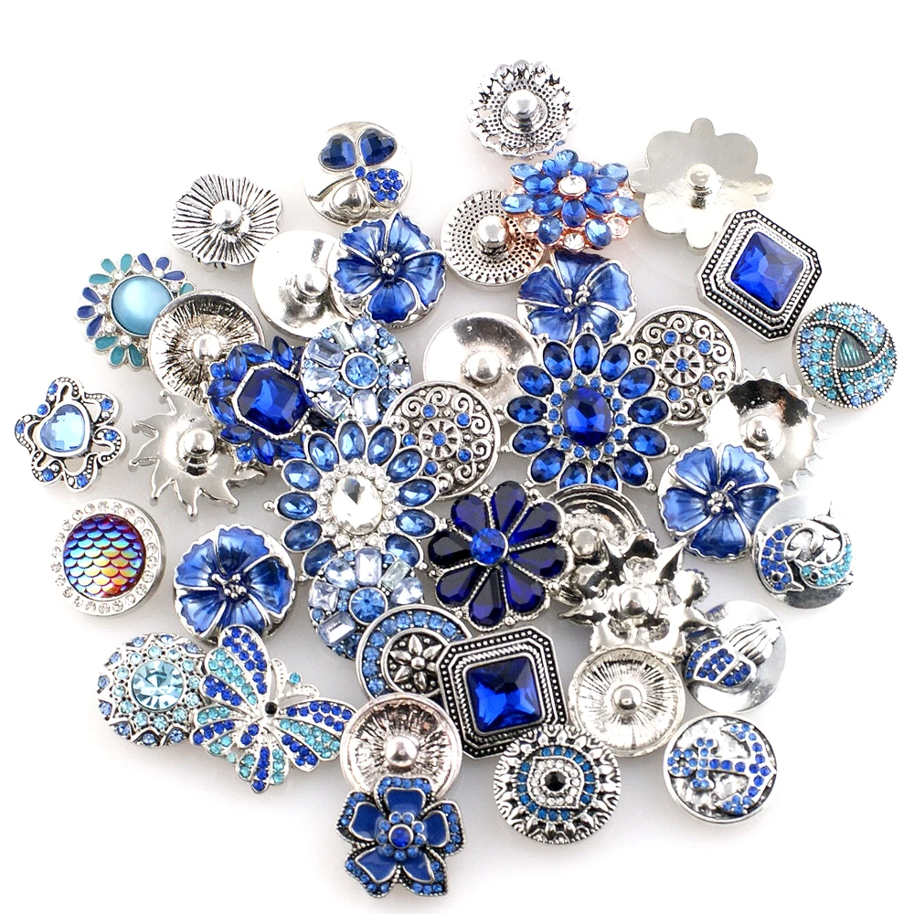 

5Pcs/lot wholesale High Quality blue BOHO Rhinestone Styles Metal Charm 18mm Snap Button For women DIY Handmade jewelry
