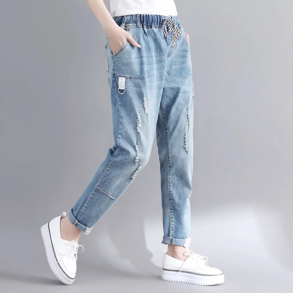 Большие размеры джинсы женские 2019 летние резинка на талии свободные тонкие женские джинсы 300 фунтов рваные джинсы для женщин брюки