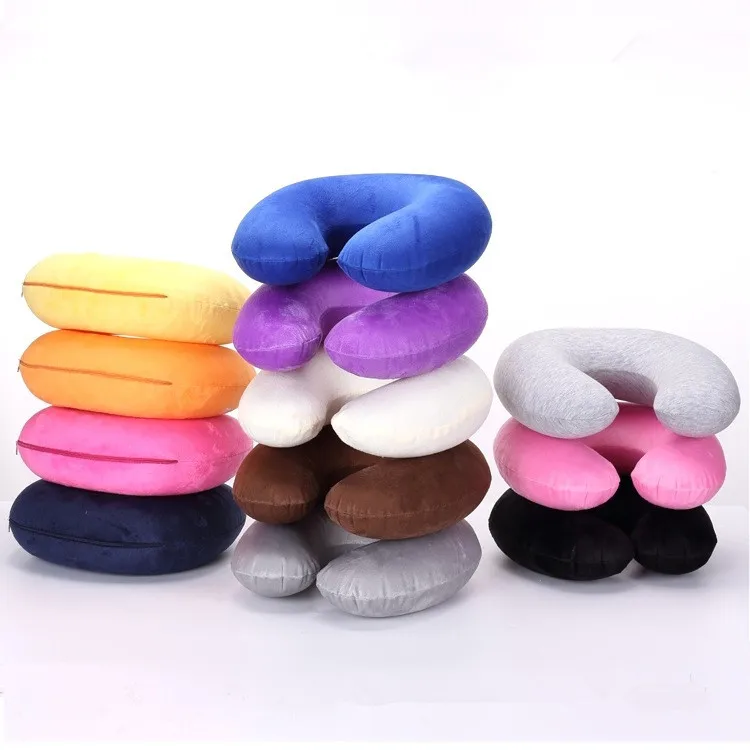 

1PC Portable Travel Pillow Inflatable Neck Pillow U Shape Neck Blow Up Cushion PVC Flocking Pillow Support Flight Travel OU 048