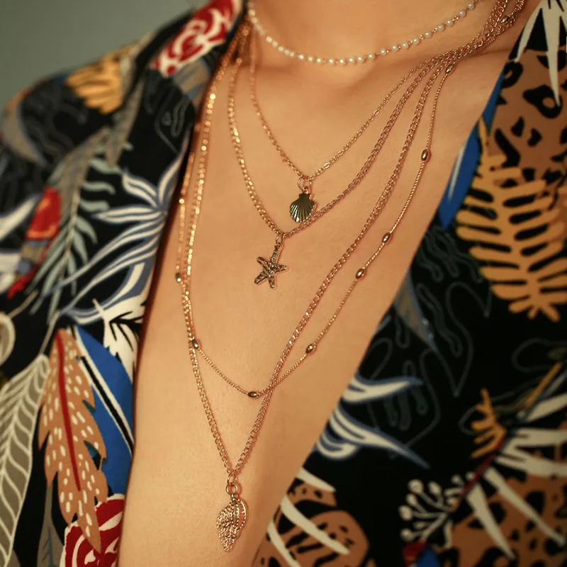 

OLOEY 2019 New Women Necklaces Sexy Female Shell Multi-layer Chokers Female Boho Beach Alloy Pearls Pendant Necklaces Jewelry