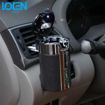 

LOEN Special design Plum blossom pattern Car Cigarette Ashtray with Hooks lids Led Lights for Home office auto black white color