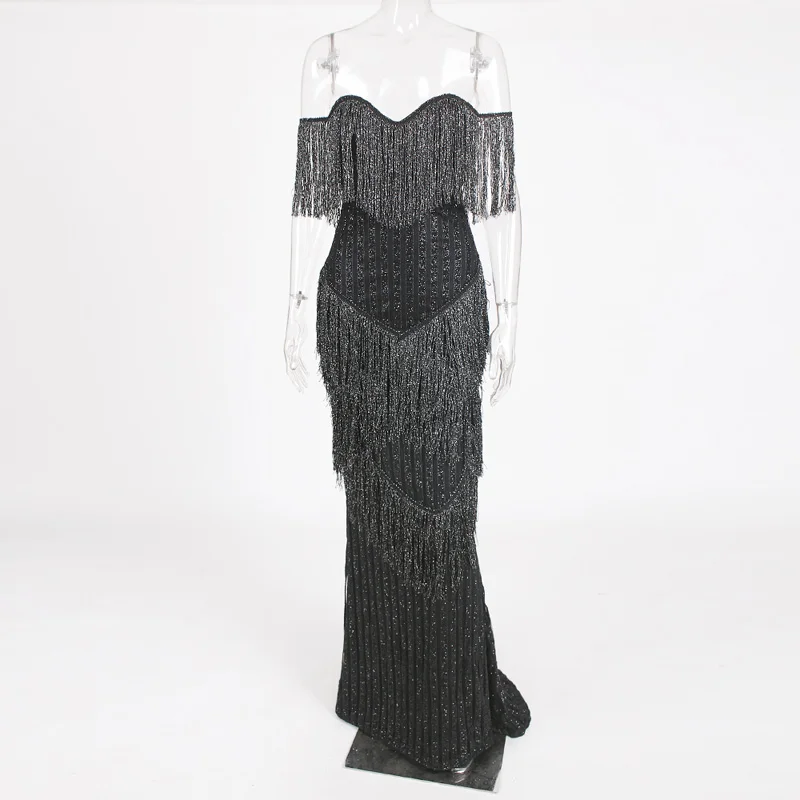 

Sexy Black Tassel Strapless Padded V Neck Floor Length Party Dress Bodycon Backless Silver Sleeveless Glitter Summer Dress