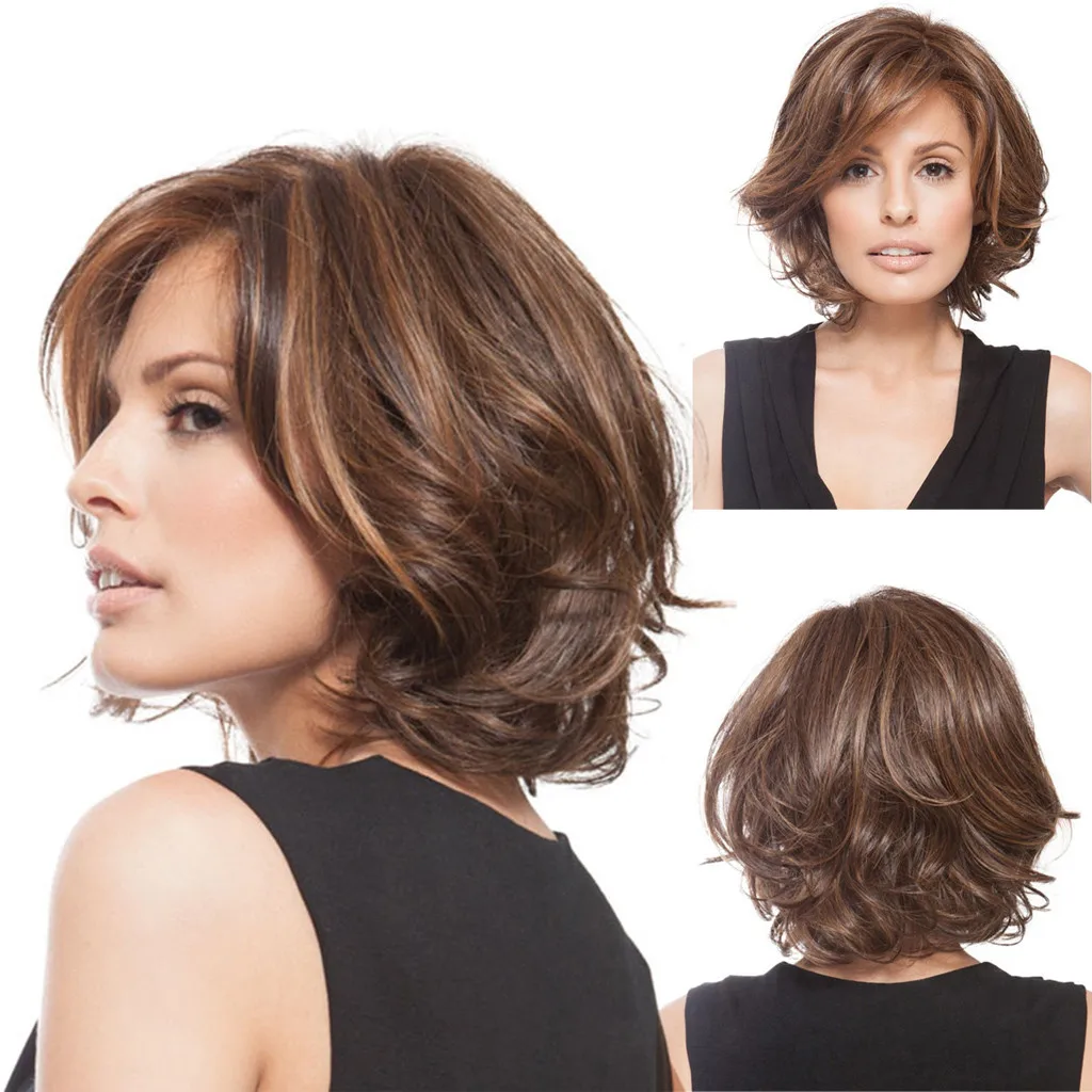 

Fashion Women Short Curly Wig Synthetic Styling Full Wig Brown Mixed color M81121