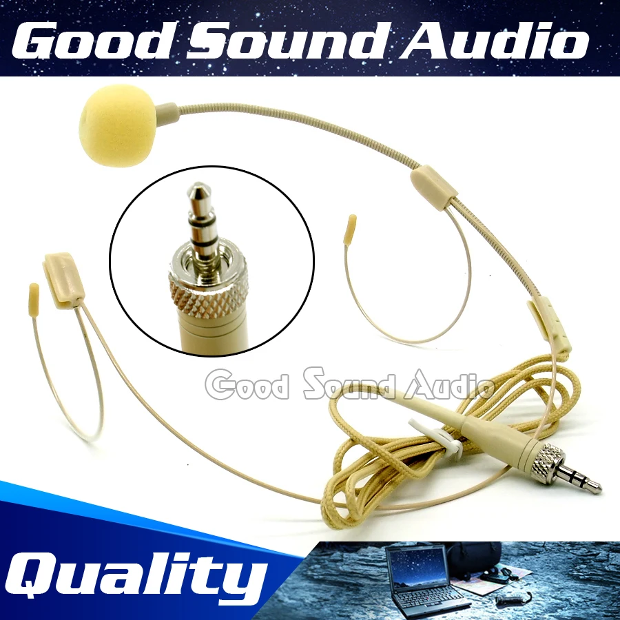Beige 3.5 mm Stereo Plug Connector Double Earhook Headworn Mic Headset Microphone Mike For