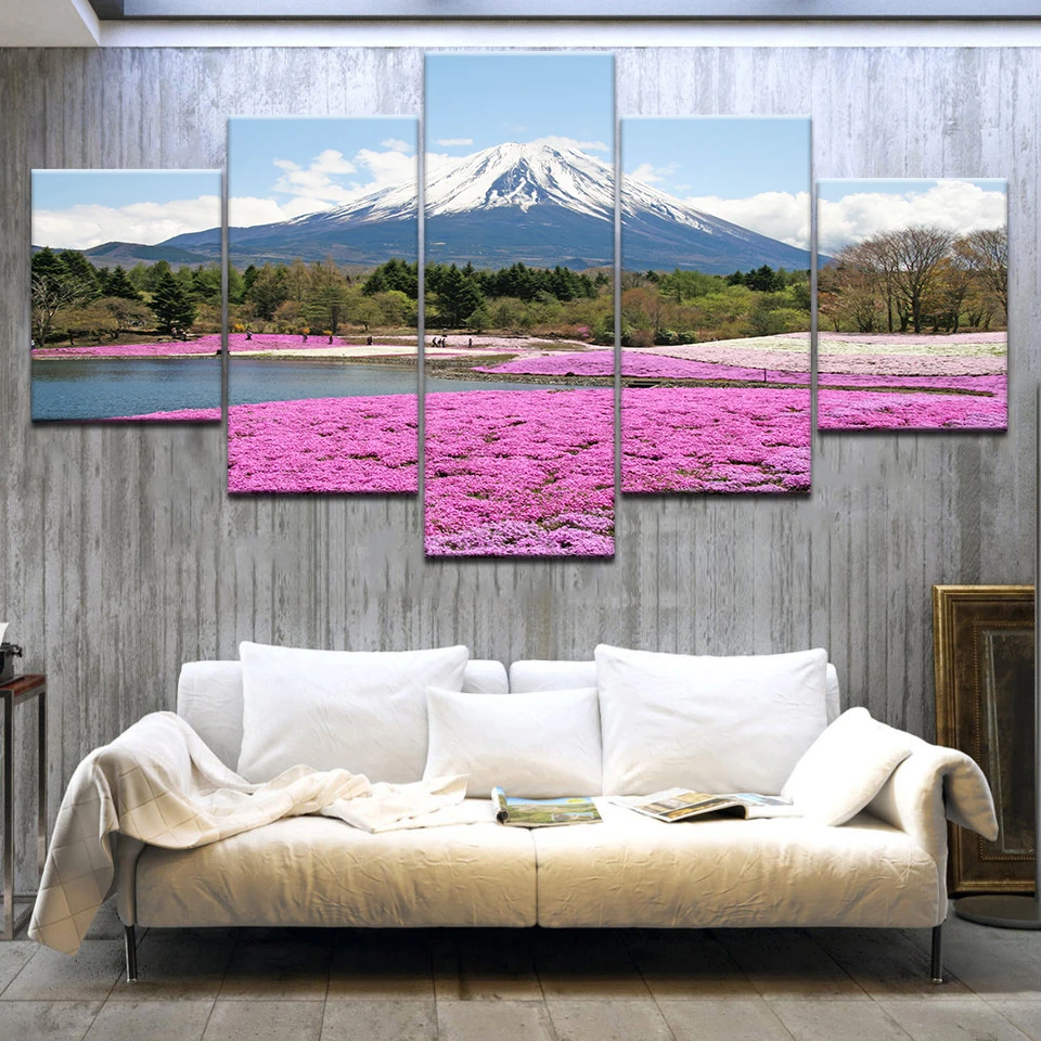 

Home Decor Wall Art Pictures HD Prints Posters 5 Pieces Mount Fuji Snow Mountain Pink Flowers Sea Landscape Paintings Framework