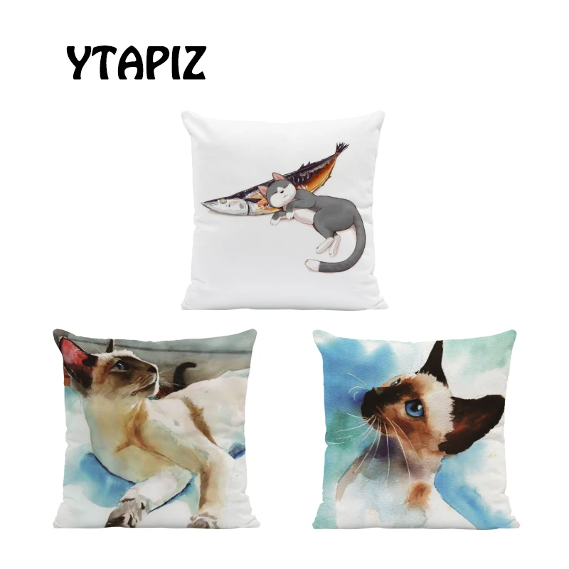 

Personality Cat Gesture Pattern Pillow Case Square 17x17 inches Velvet Siamese Cat Lying Small Fish Decoration Cushion Covers