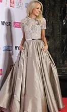 Mode Gold Taft Kurzen Ärmeln Appliques Abendgesellschaft Kleid mit Perlen Eine Linie Sheer Neck Bodenlangen Kleider