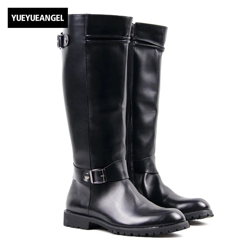 Mens Buckle Vintage Brogue Leather Long Zip Knee High Riding Boots
