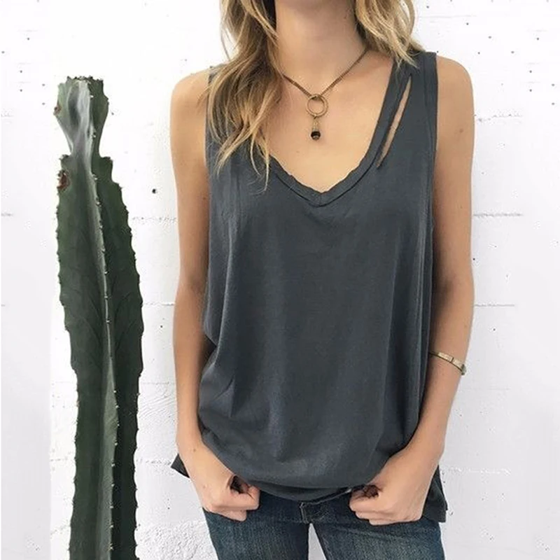 

New Summer Women V Neck Tanks Hollow Out Sleeveless T Shirt Vest Solid Color Casual Blouse 2019 Female Hole Camis