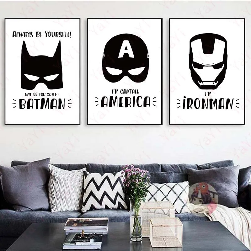 

Cartoon Batman Canvas Art Print posters , Superhero Spiderman painting poster nursery Batman wall pictures for kids room decor