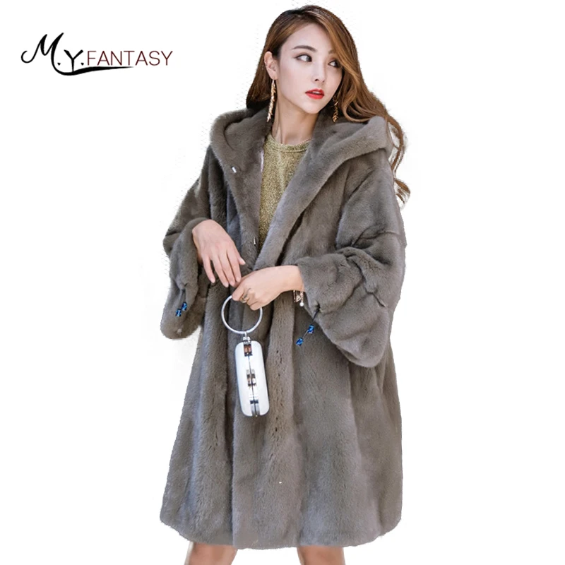M. Y. FANSTY 2019 импортная зимняя теплая норковая шуба с рукавами-фонариками и шляпой
