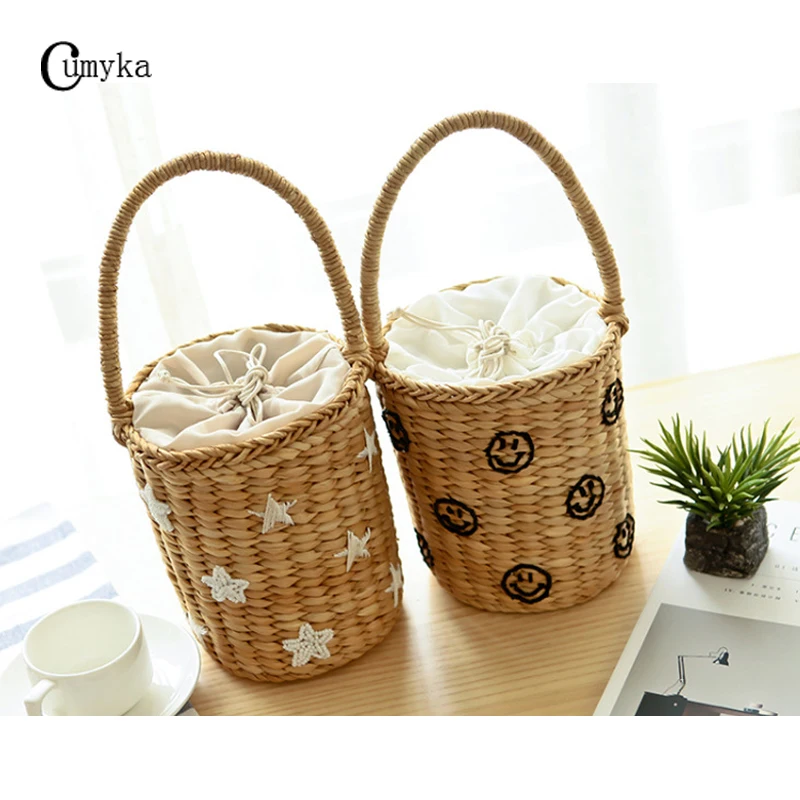 

CUMYKA Bohemian Smile Stars Handmade Women Handbag Embroidery Woven Straw Bag Small Beach Bucket Bags String Cartoon Tote New