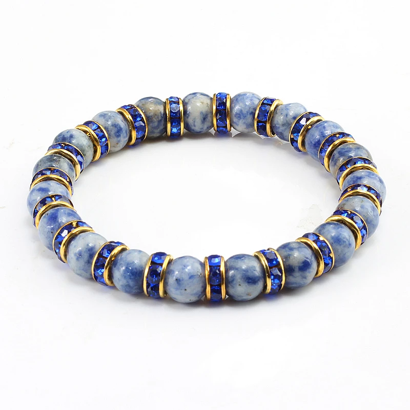 Blue Natural Stone Strand Bracelets For Women Gold Rhinestones Round