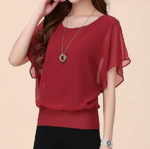 

4XL Plus Size Women Summer Short Bat Sleeve Solid Chiffon Tops Shirts Summer Blouse Causal Blusa Feminina